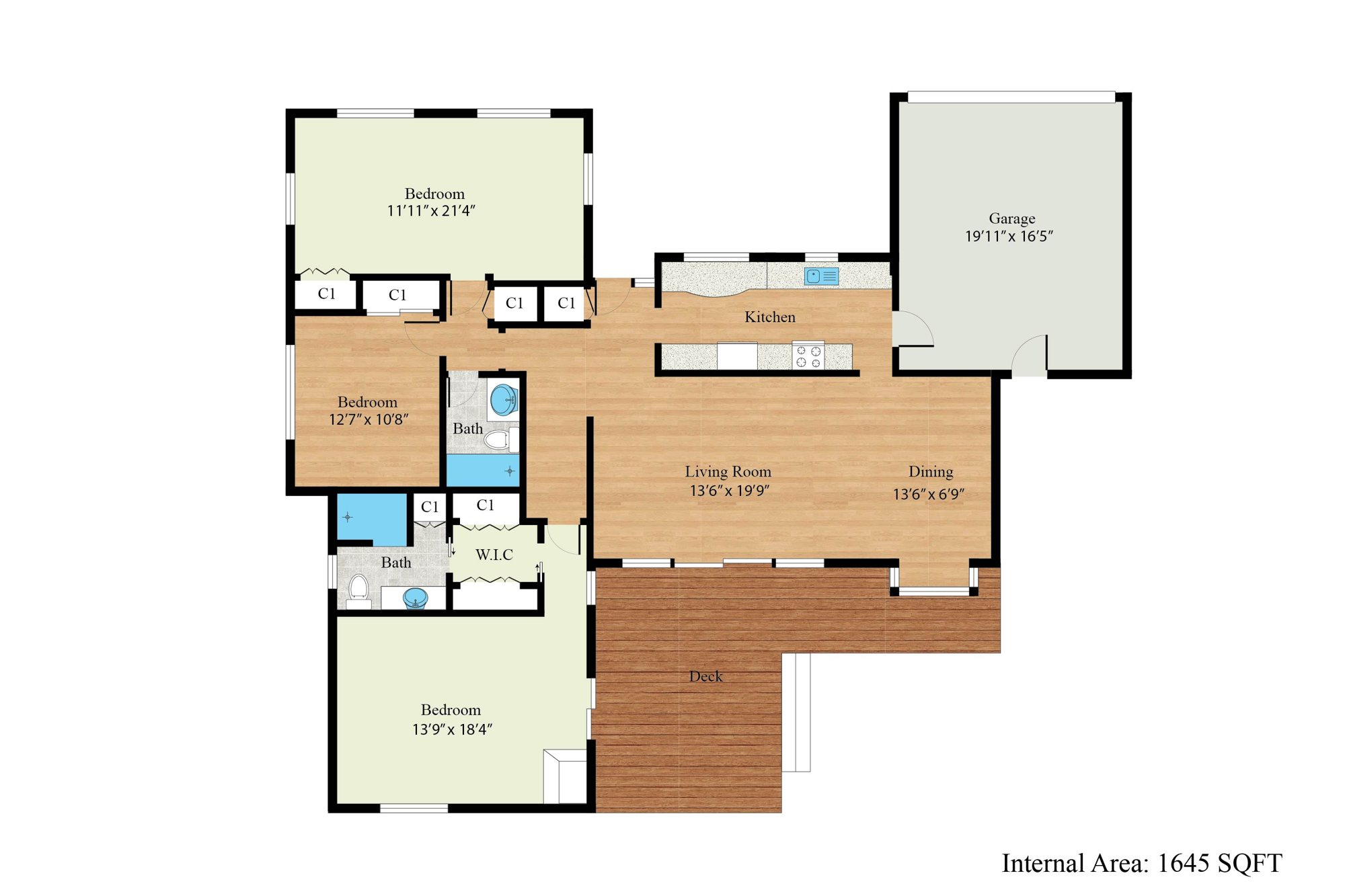 Floor plan of 251 Dedalera Drive: three bedrooms, two baths, kitchen, living room, dining area, attached garage and deck. Internal area 1,645 square feet.